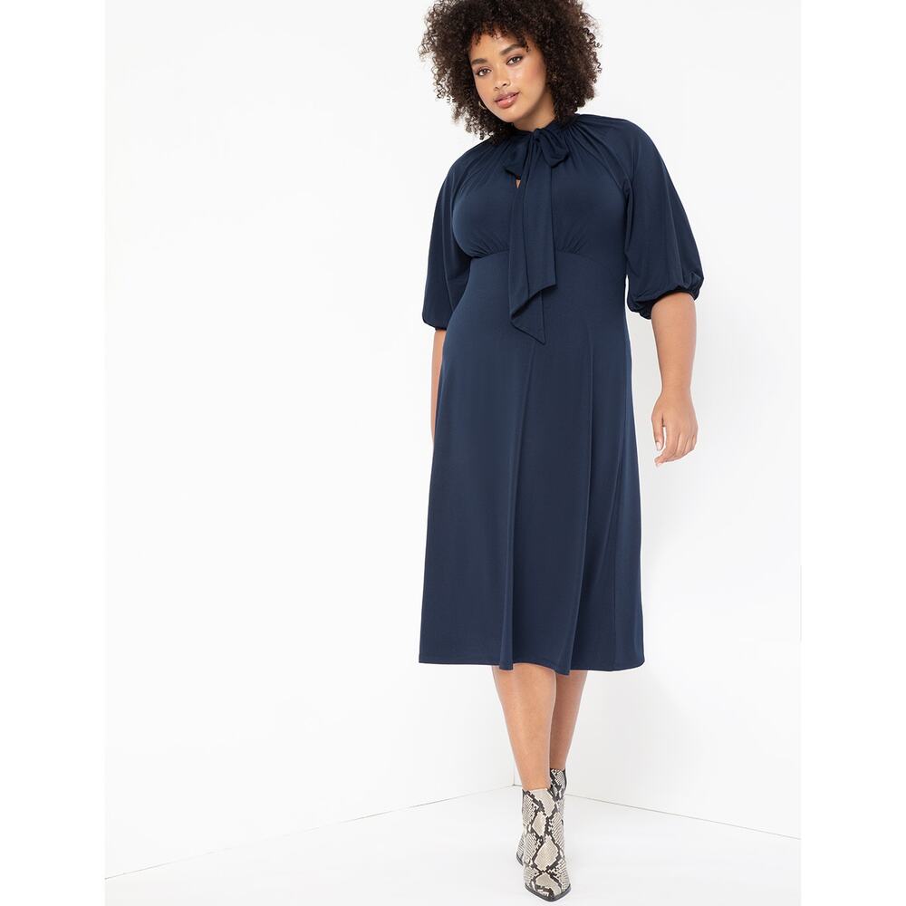 Eloquii Womens Dress Size 20 Navy Blue Puff Sleeve Tie Neck V-Neck Midi Solid
